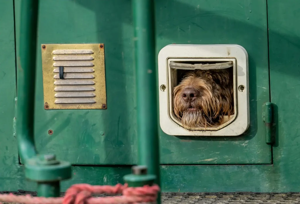 Dog squeezing its muzzle through a dog door that's clearly too small: are dog doors bad for dogs?