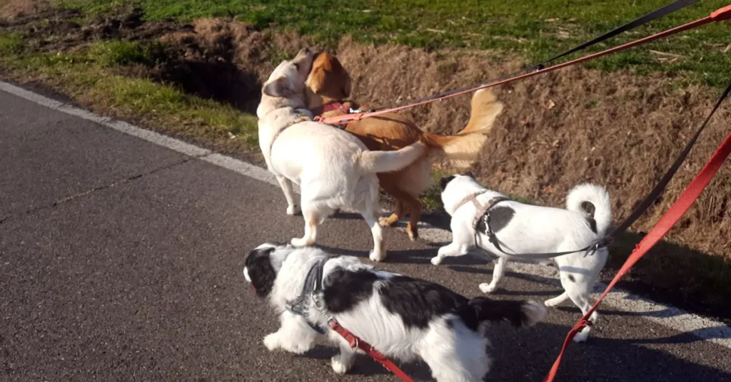 Two dogs on leash on a country road, a real-life example of emotional contagion in dogs between friends