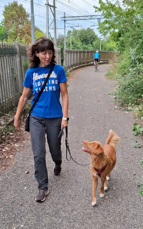 Trainer walking calmly with Fanta on a bike path while a bicycle passes in the background