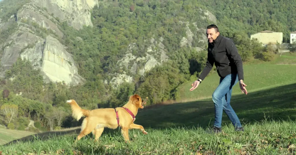 Owner using open body language to call his happy dog toward him