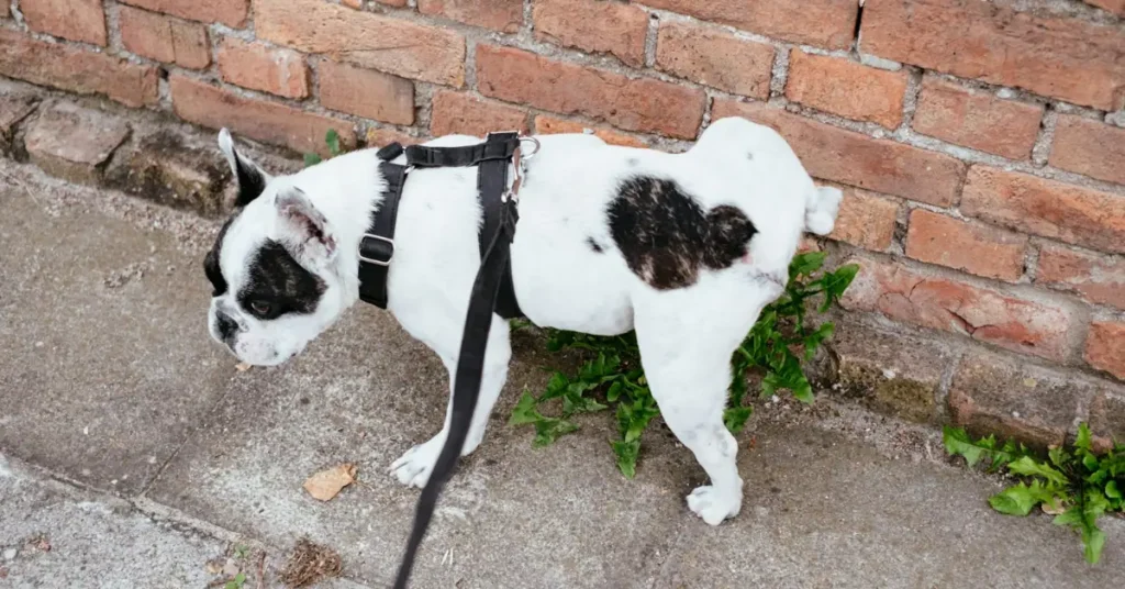 Male French Bulldog marking a brick wall on leash — a behavior that spaying and neutering dogs may reduce, but doesn't always eliminate