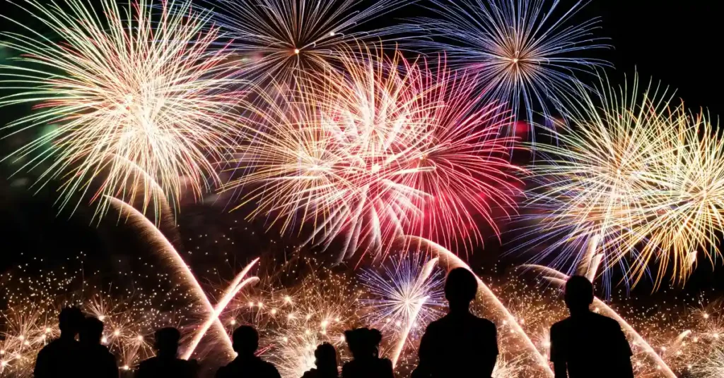 Colorful fireworks exploding over a night sky, the kind of sudden loud noise that can trigger a dog scared of loud noises