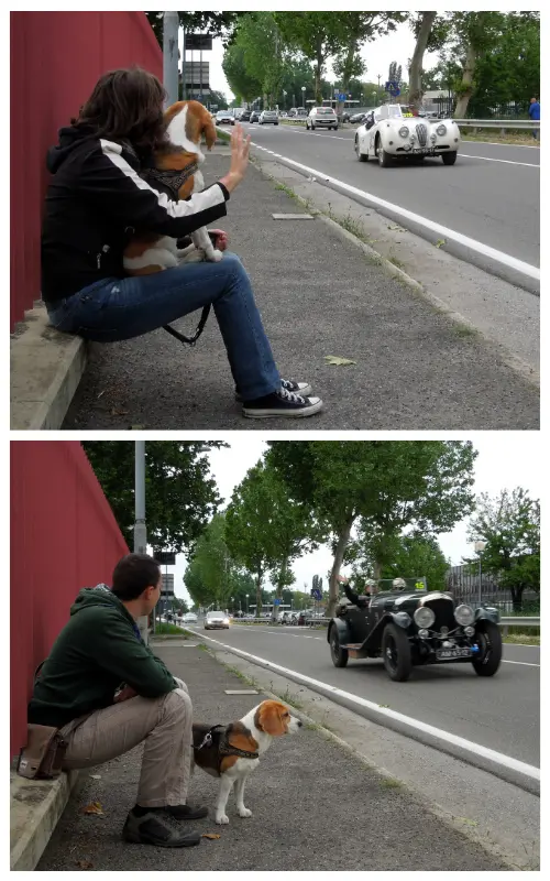 A composite image of Simona holding a nervous Diana as vintage cars pass by, and Francesco standing calmly beside a now-relaxed Diana