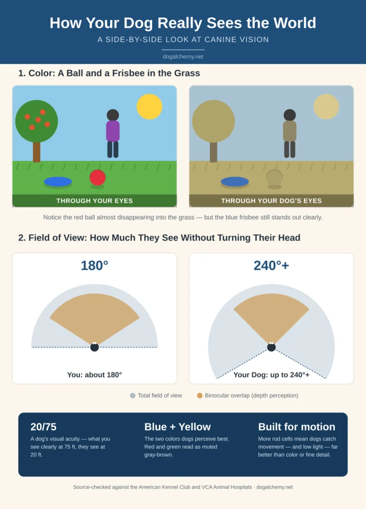 Infographic titled How Your Dog Really Sees the World, comparing human and dog color perception and showing a dog's 240-degree field of view