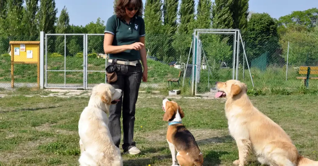 Two Golden Retrievers and a young Beagle sitting together during an obedience session, illustrating the mental hierarchy behind the question is my dog dumb